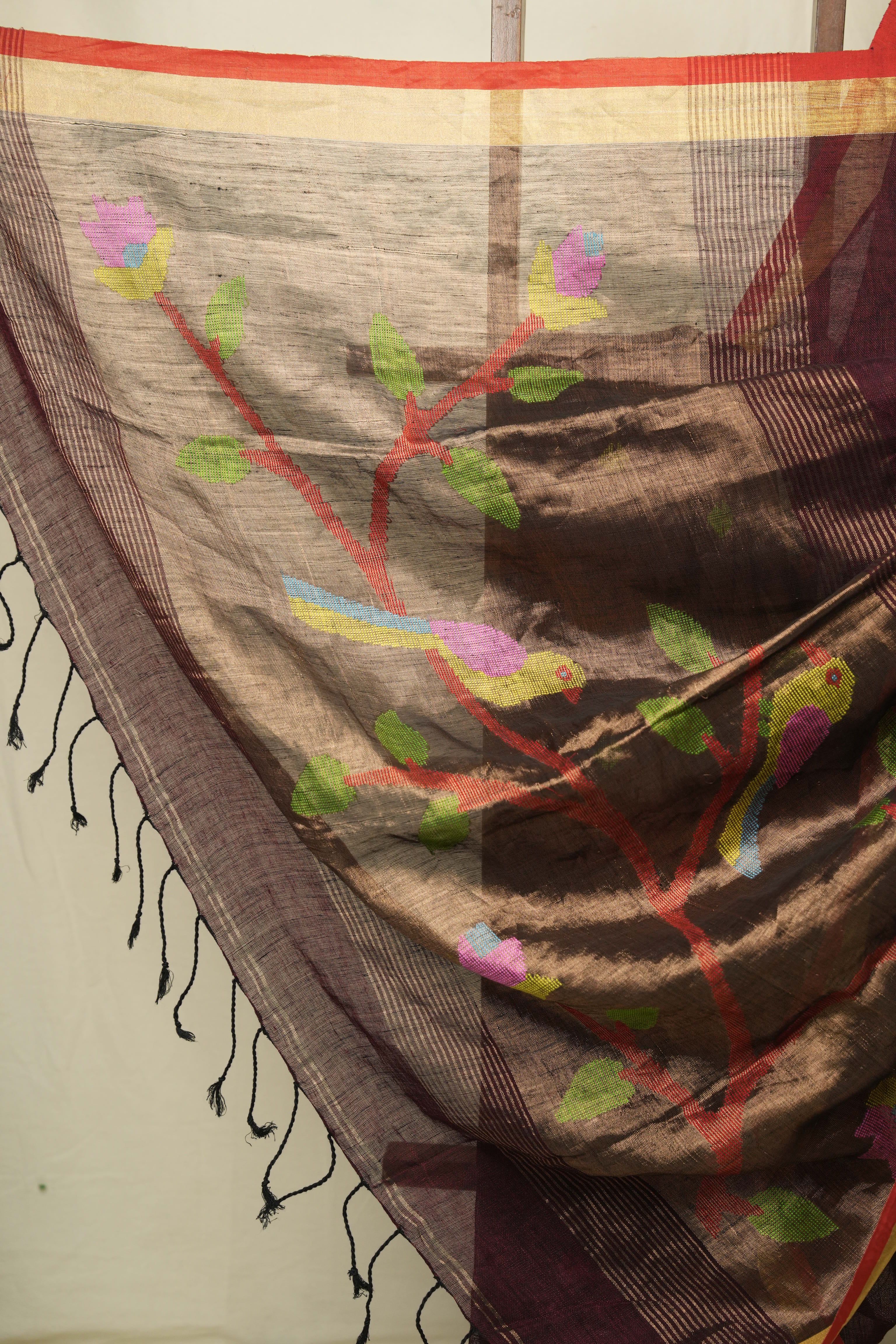 Maroon Linen Jamdani Saree - SRMLJS523