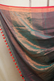 Green Plain Linen Saree With Pink Tassels - SRGPLS299