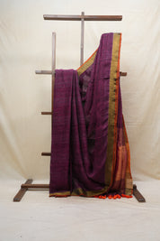 Magenta Plain Linen Saree With Orange Tassels - SRMPLS287