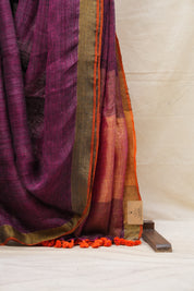 Magenta Plain Linen Saree With Orange Tassels - SRMPLS287