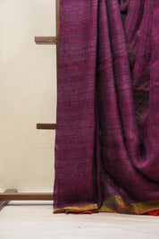 Magenta Plain Linen Saree With Orange Tassels - SRMPLS287