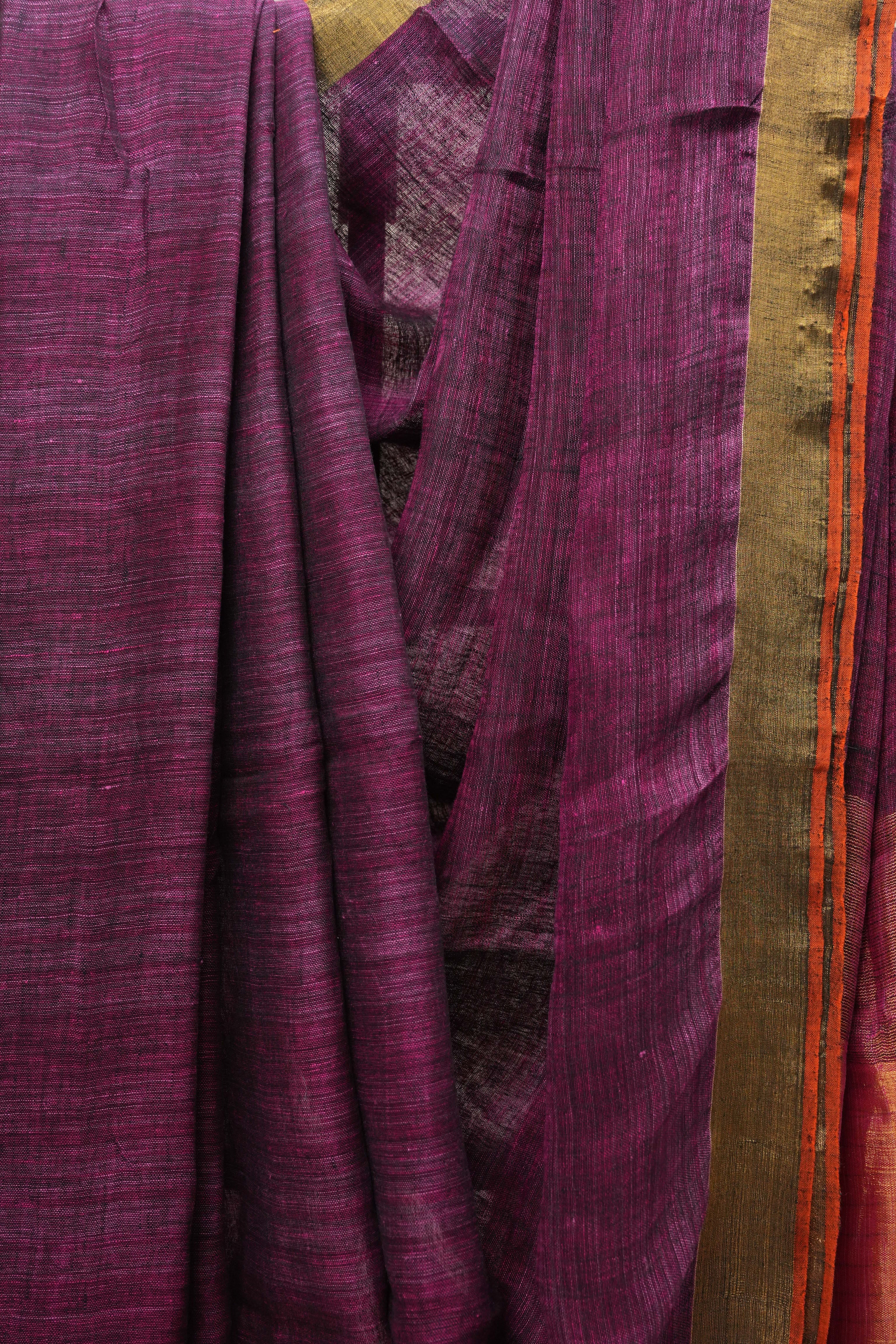 Magenta Plain Linen Saree With Orange Tassels - SRMPLS287