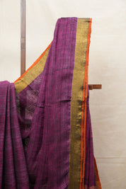 Magenta Plain Linen Saree With Orange Tassels - SRMPLS287