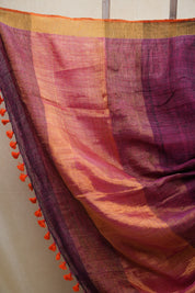 Magenta Plain Linen Saree With Orange Tassels - SRMPLS287