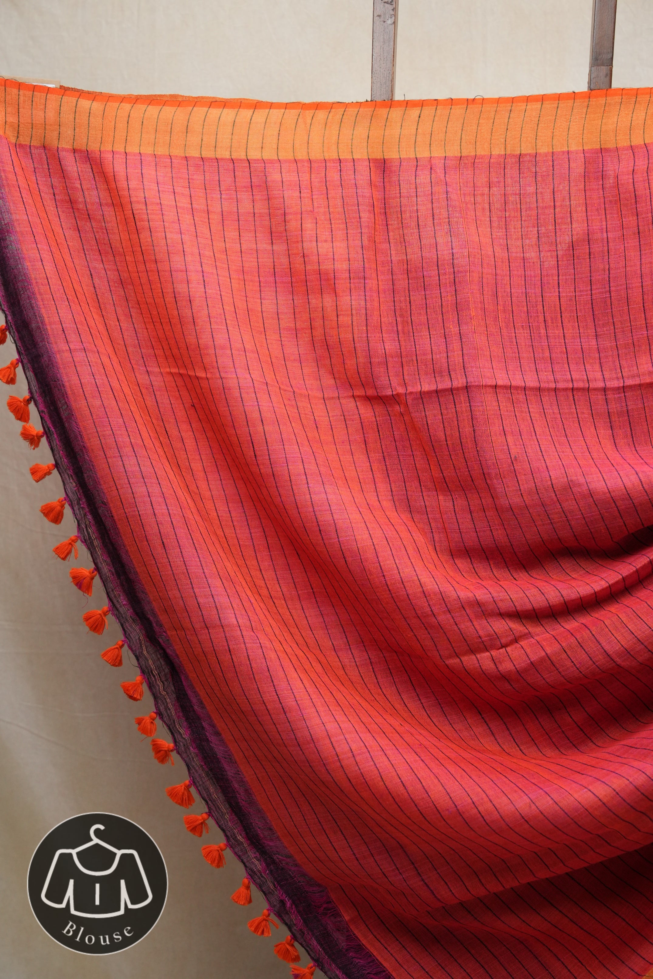 Magenta Plain Linen Saree With Orange Tassels - SRMPLS287