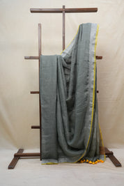 Grey Plain Linen Saree With Yellow Color Tassels - SRGPLS329