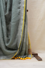 Grey Plain Linen Saree With Yellow Color Tassels - SRGPLS329