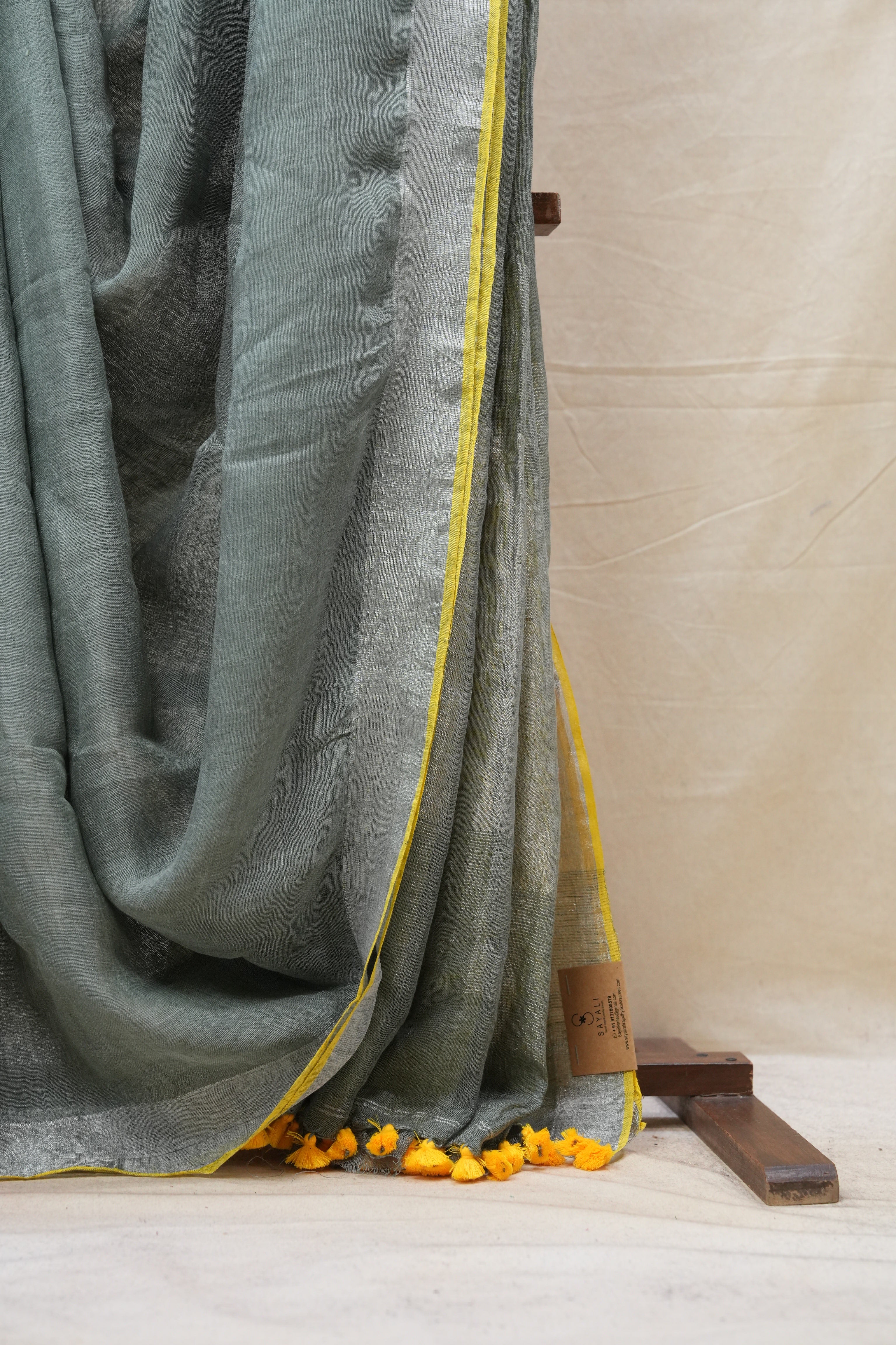 Grey Plain Linen Saree With Yellow Color Tassels - SRGPLS329
