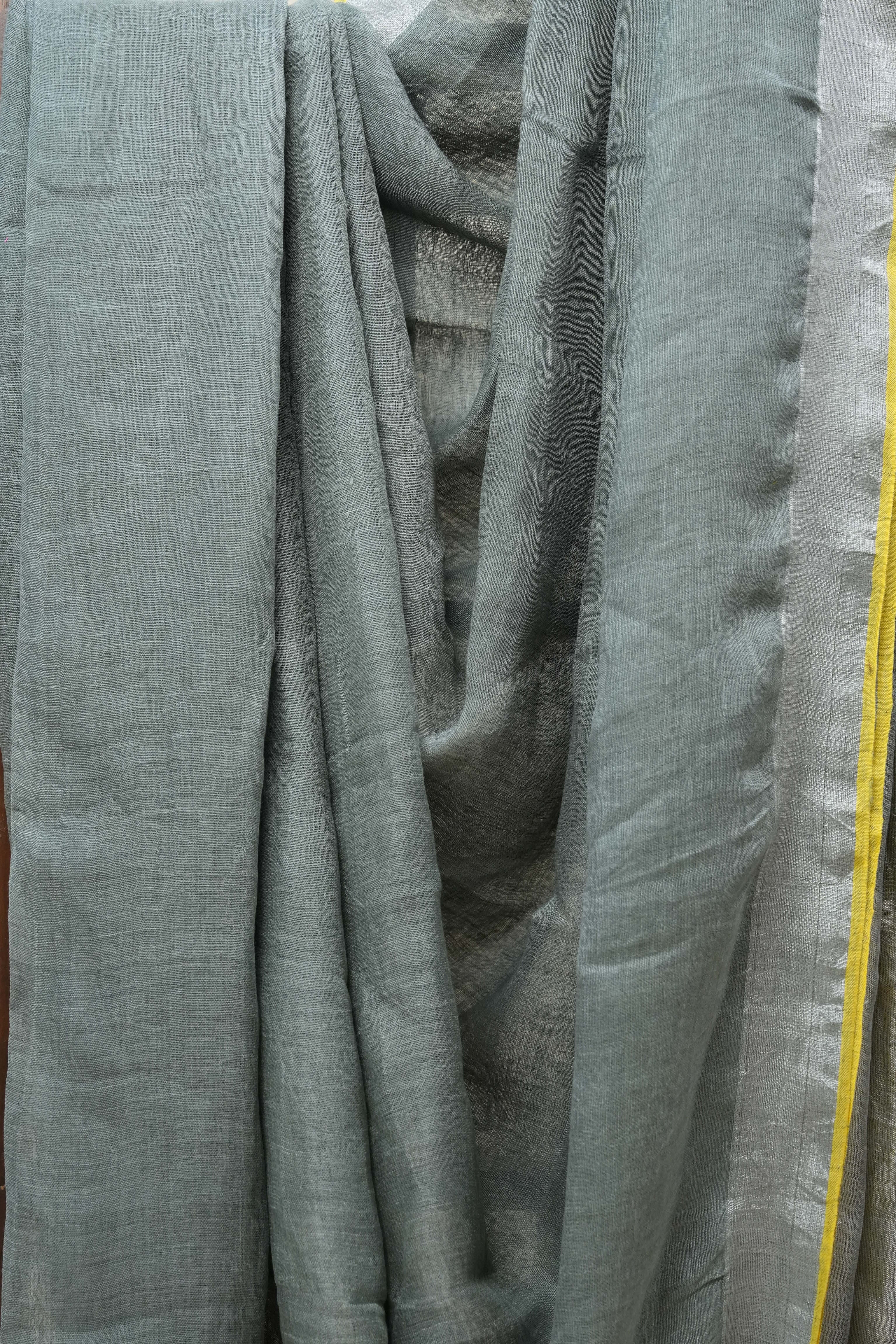Grey Plain Linen Saree With Yellow Color Tassels - SRGPLS329
