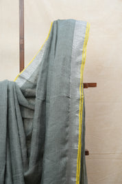 Grey Plain Linen Saree With Yellow Color Tassels - SRGPLS329