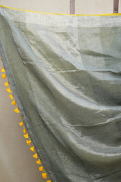 Grey Plain Linen Saree With Yellow Color Tassels - SRGPLS329