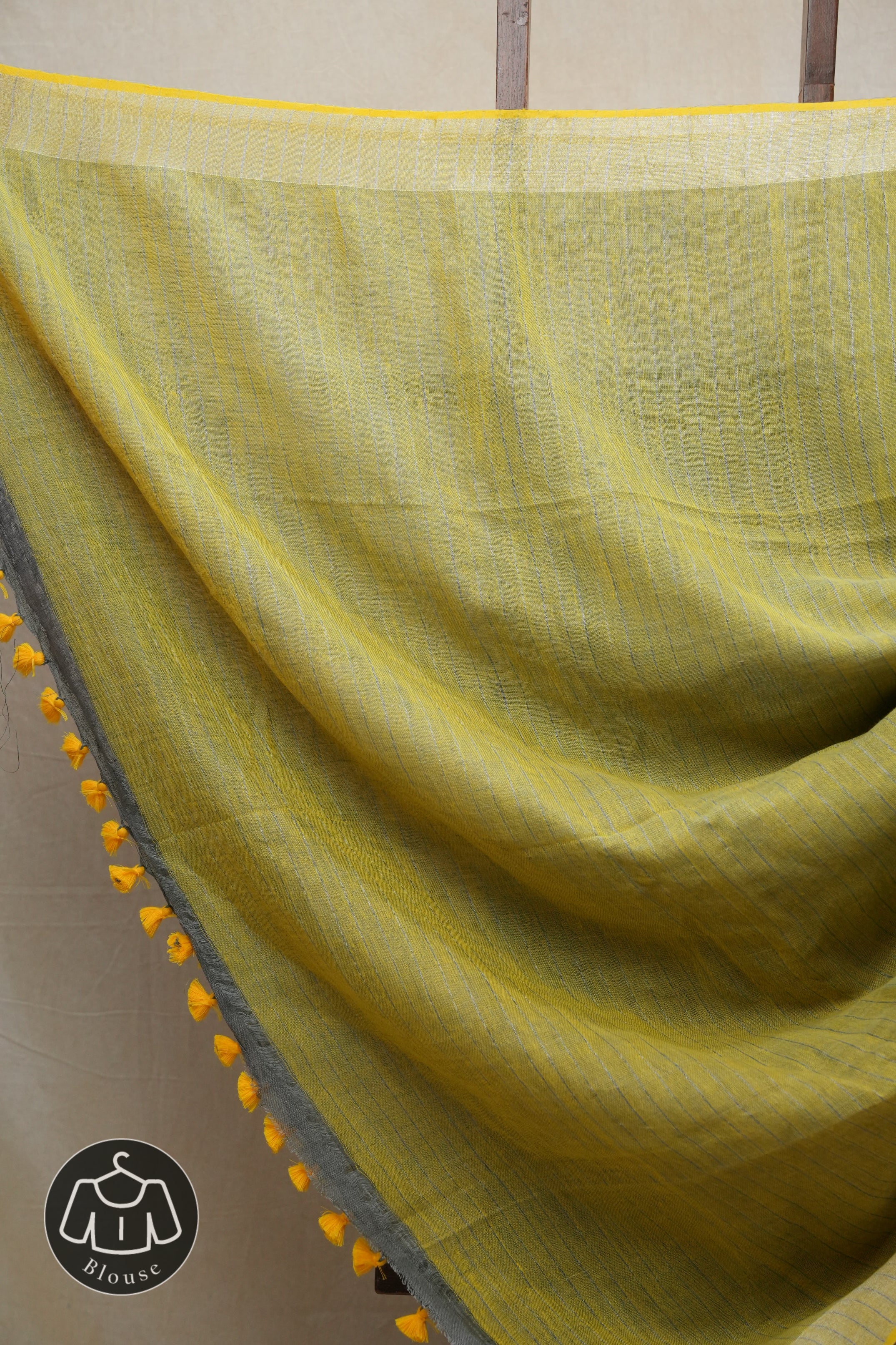 Grey Plain Linen Saree With Yellow Color Tassels - SRGPLS329