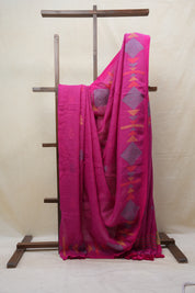 Pink Linen Jamdani Saree With Pink Color Tassels - SRPLJS389