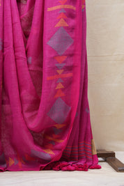 Pink Linen Jamdani Saree With Pink Color Tassels - SRPLJS389