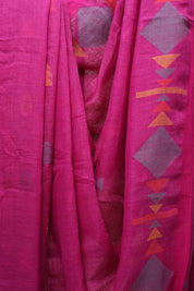 Pink Linen Jamdani Saree With Pink Color Tassels - SRPLJS389