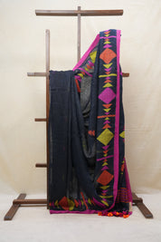 Black Linen Jamdani Saree With Multi Color Tassels - SRBLJS390