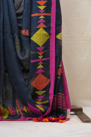 Black Linen Jamdani Saree With Multi Color Tassels - SRBLJS390