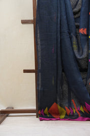 Black Linen Jamdani Saree With Multi Color Tassels - SRBLJS390