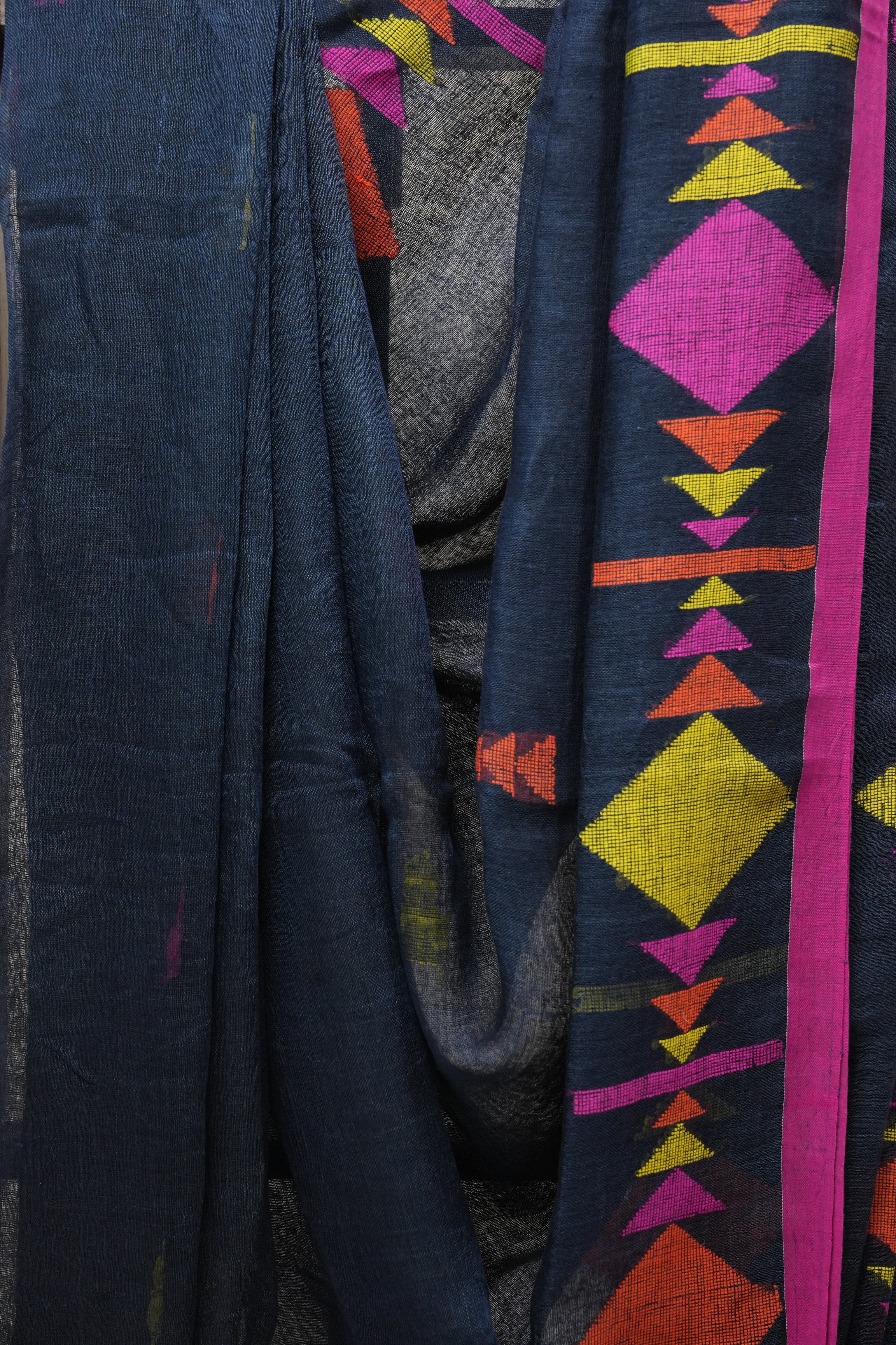 Black Linen Jamdani Saree With Multi Color Tassels - SRBLJS390