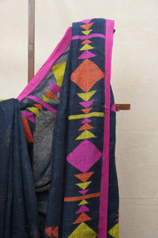 Black Linen Jamdani Saree With Multi Color Tassels - SRBLJS390
