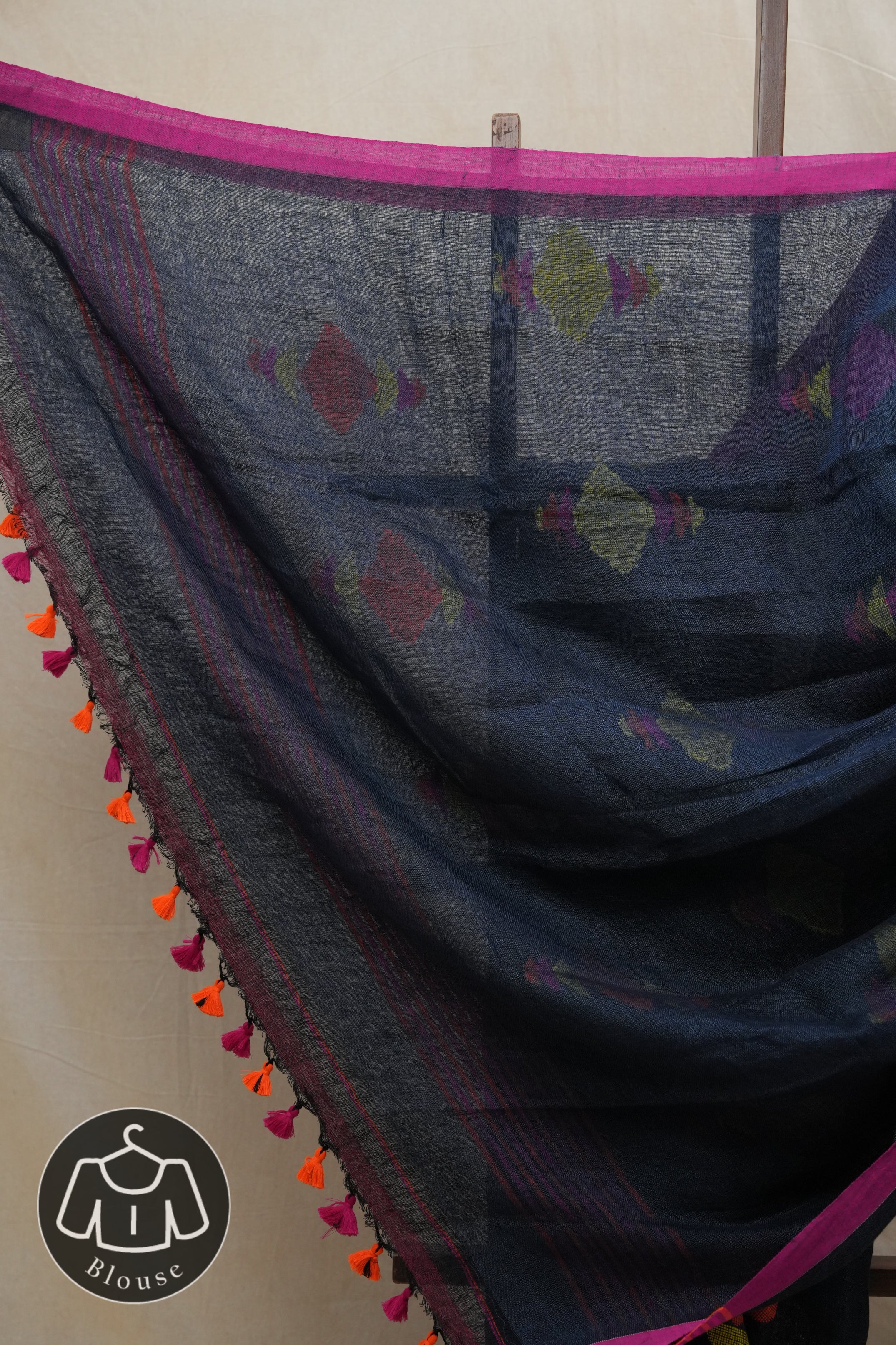 Black Linen Jamdani Saree With Multi Color Tassels - SRBLJS390