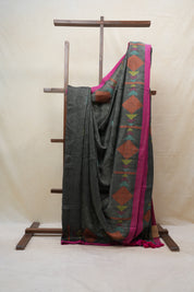 Ash Grey Linen Jamdani Saree With Pink Color Tassels - SRAGLJS391