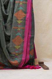 Ash Grey Linen Jamdani Saree With Pink Color Tassels - SRAGLJS391