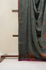 Ash Grey Linen Jamdani Saree With Pink Color Tassels - SRAGLJS391