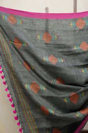 Ash Grey Linen Jamdani Saree With Pink Color Tassels - SRAGLJS391