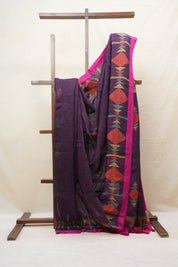 Purple Linen Jamdani Saree With Pink Color Tassels - SRPLJS392