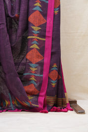 Purple Linen Jamdani Saree With Pink Color Tassels - SRPLJS392