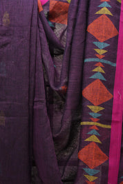 Purple Linen Jamdani Saree With Pink Color Tassels - SRPLJS392