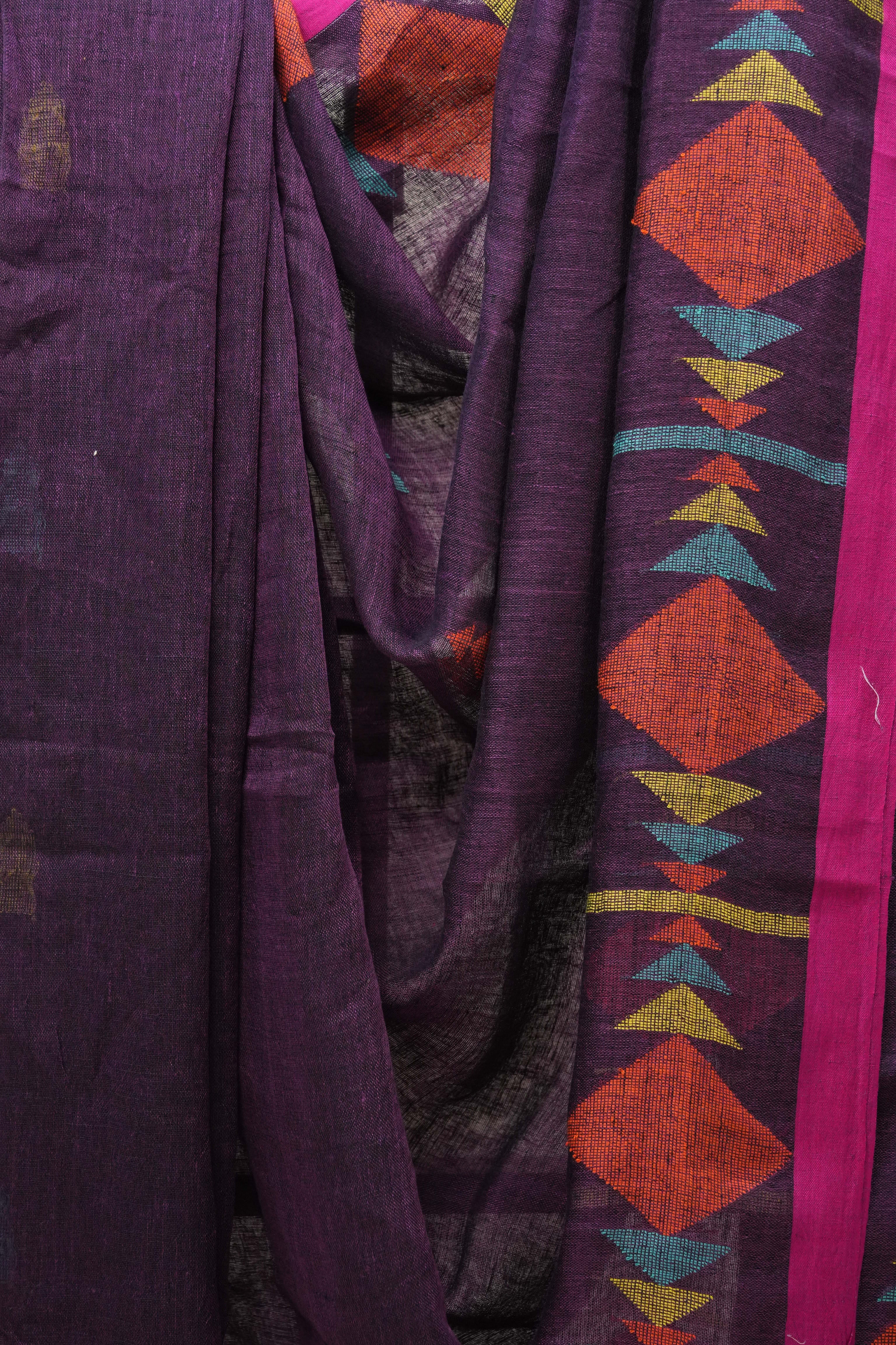 Purple Linen Jamdani Saree With Pink Color Tassels - SRPLJS392