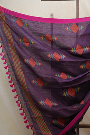 Purple Linen Jamdani Saree With Pink Color Tassels - SRPLJS392