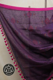Purple Linen Jamdani Saree With Pink Color Tassels - SRPLJS392