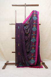 Purple Linen Jamdani Saree With Rani Color Tassels - SRPLJS409