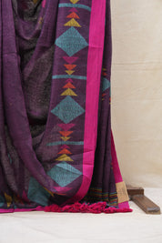 Purple Linen Jamdani Saree With Rani Color Tassels - SRPLJS409