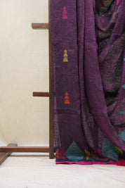 Purple Linen Jamdani Saree With Rani Color Tassels - SRPLJS409