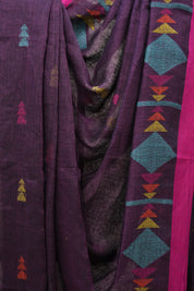Purple Linen Jamdani Saree With Rani Color Tassels - SRPLJS409