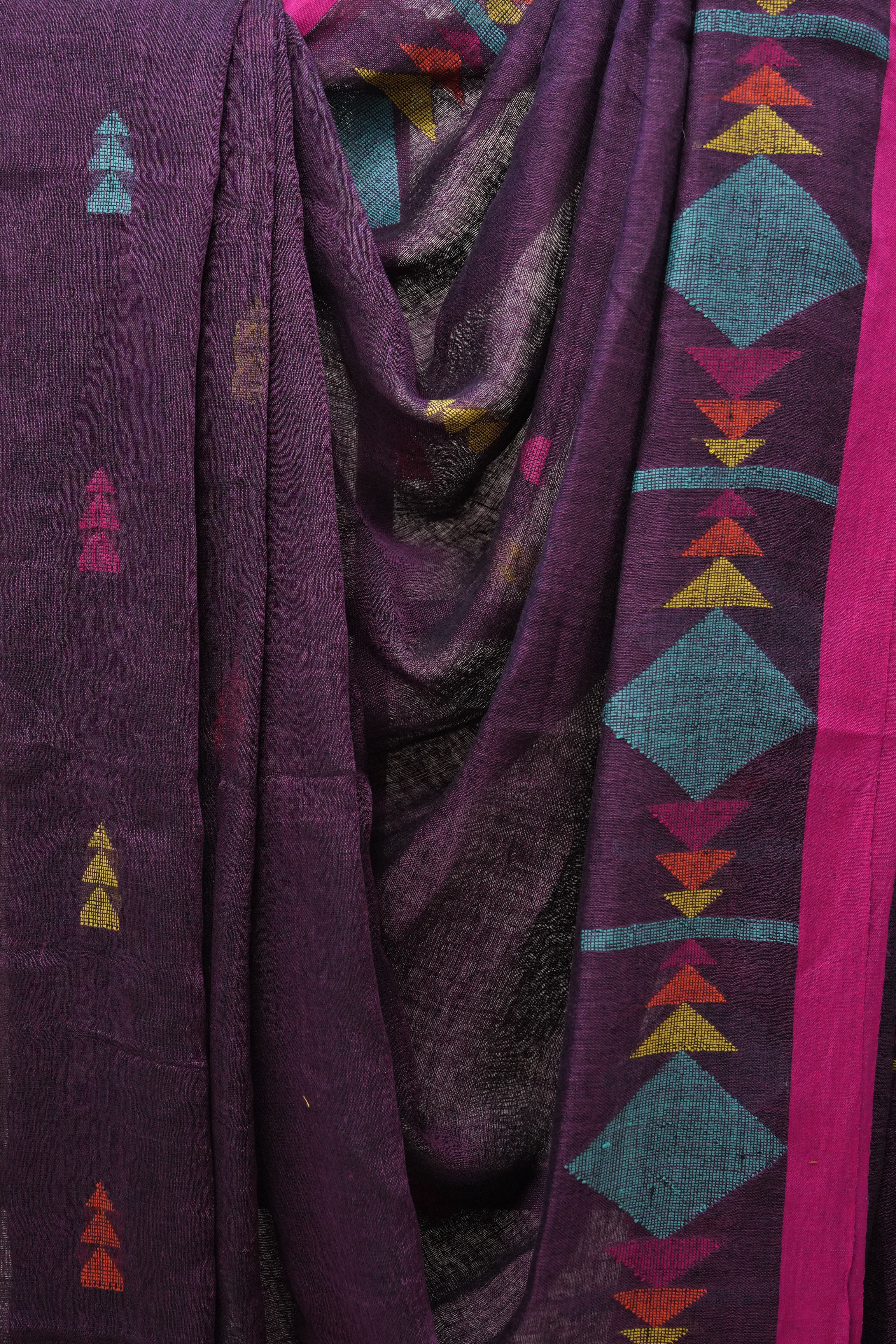 Purple Linen Jamdani Saree With Rani Color Tassels - SRPLJS409