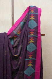 Purple Linen Jamdani Saree With Rani Color Tassels - SRPLJS409