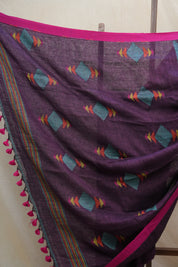 Purple Linen Jamdani Saree With Rani Color Tassels - SRPLJS409
