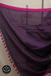 Purple Linen Jamdani Saree With Rani Color Tassels - SRPLJS409