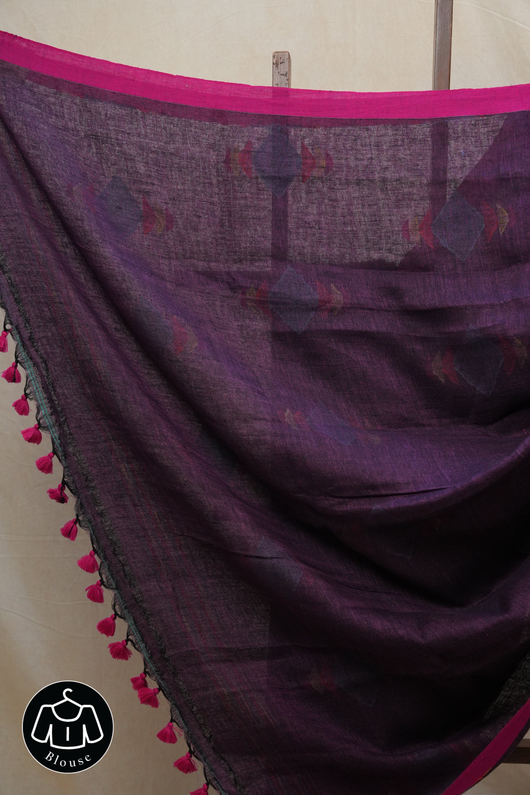Purple Linen Jamdani Saree With Rani Color Tassels - SRPLJS409