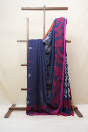 Blue Linen Jamdani Saree With Rani Color Tassels - SRBLJS408