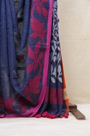 Blue Linen Jamdani Saree With Rani Color Tassels - SRBLJS408