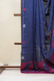 Blue Linen Jamdani Saree With Rani Color Tassels - SRBLJS408