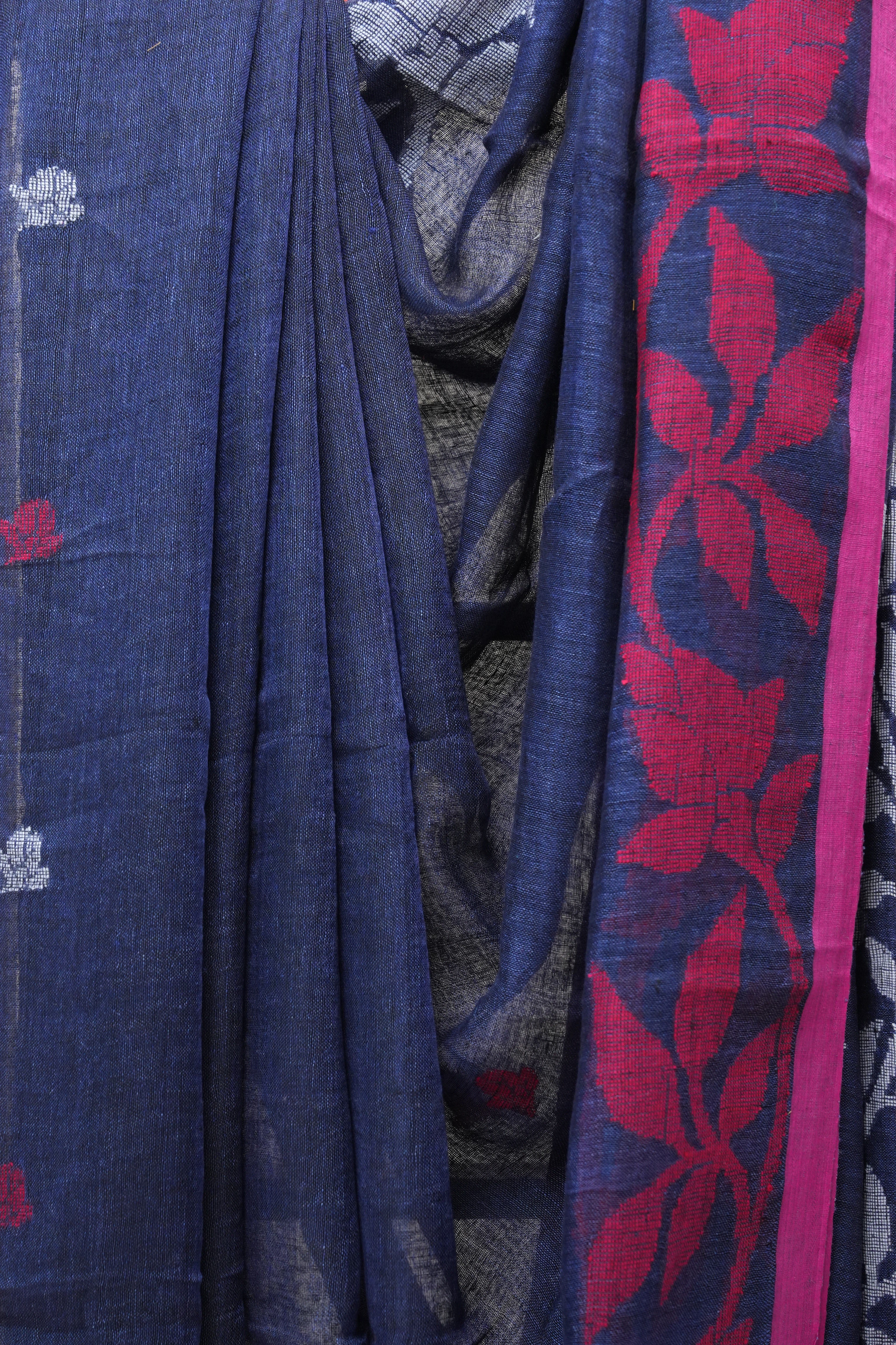 Blue Linen Jamdani Saree With Rani Color Tassels - SRBLJS408