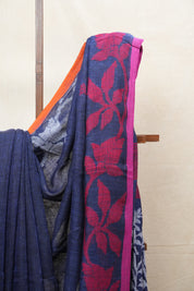 Blue Linen Jamdani Saree With Rani Color Tassels - SRBLJS408