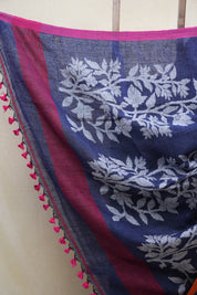 Blue Linen Jamdani Saree With Rani Color Tassels - SRBLJS408